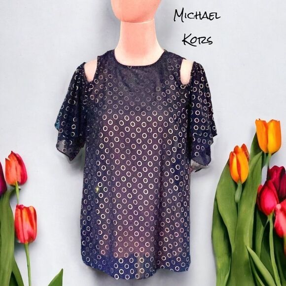 MICHAEL KORS SHEER BLOUSE TOP MEDIUM NAVY BLUE WITH GOLD CIRCLE DETAIL FLUTTER - Picture 1 of 6